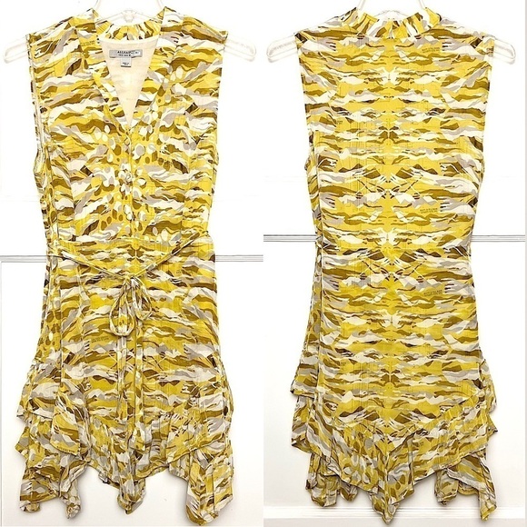 ALLSAINTS Chiffon Sleeveless Tie Waist Button Up Asymmetric Tier Ruffle Dress 2 - Picture 4 of 8